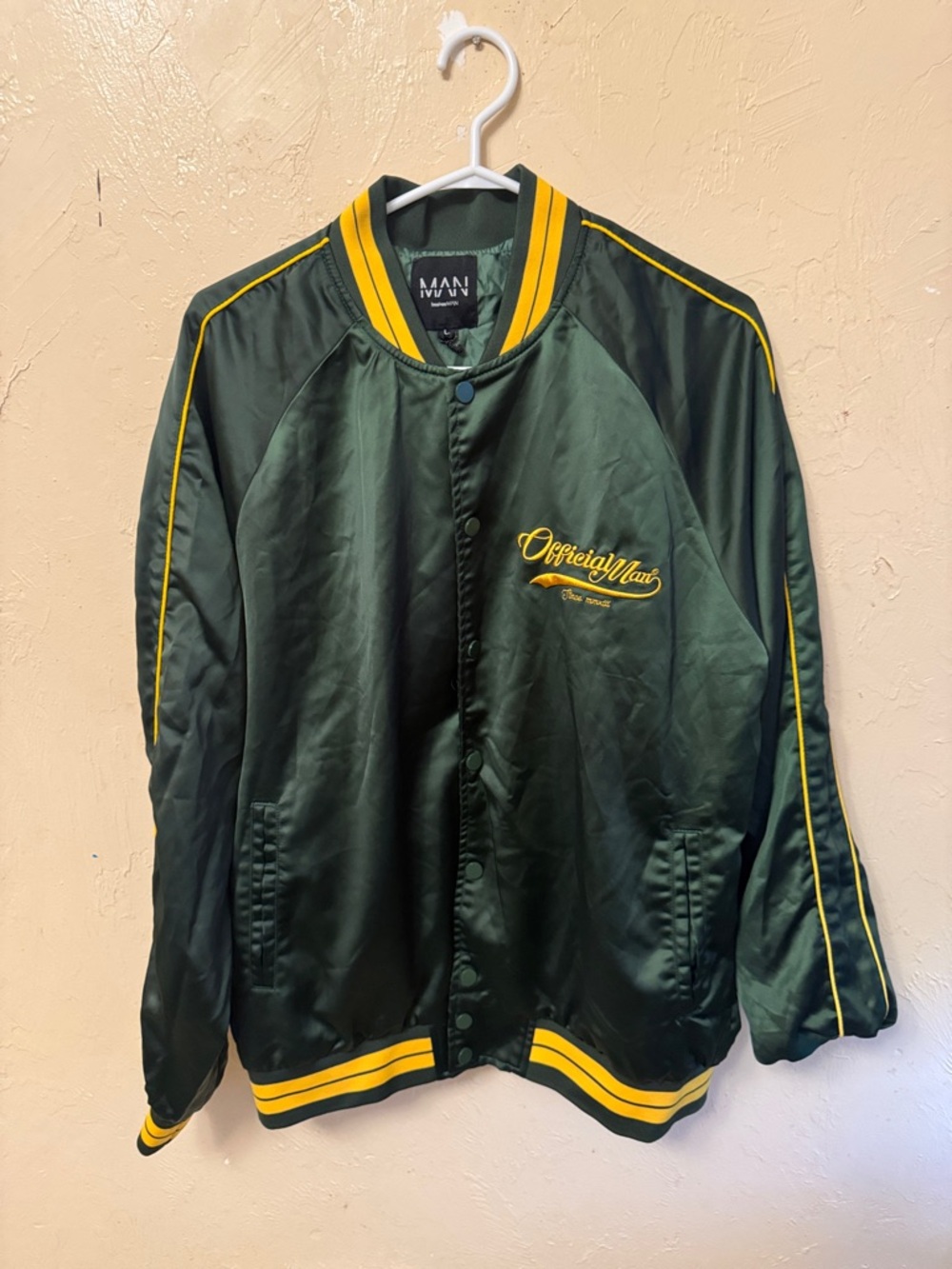 Official Man Green Satin Bomber Jacket with Yellow Trim